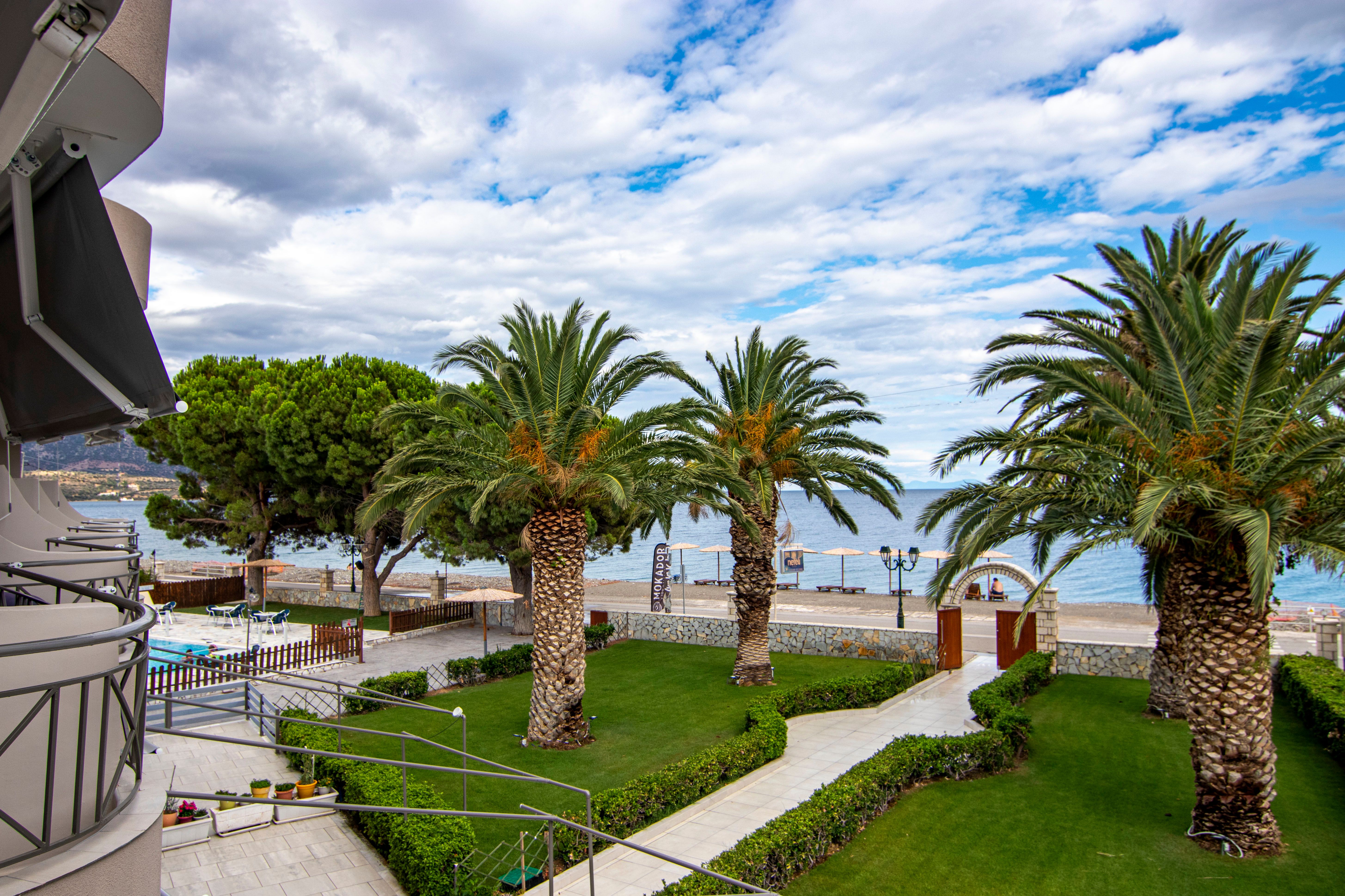 Nefeli Studios,άποψη του εξωτερικού χώρου με τον κήπο το κατάλυμα την πισίνα και την θάλασσα